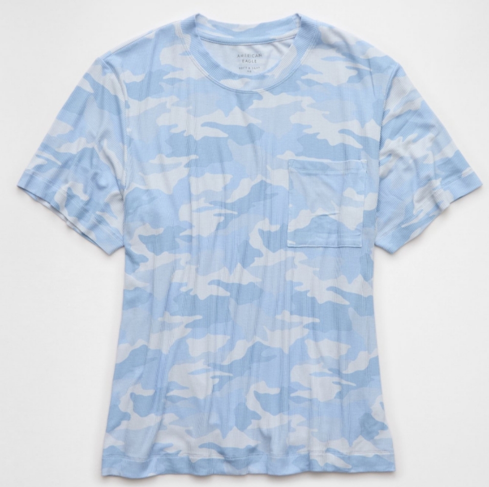 American Eagle Light Blue and White Soft And Sexy Pocket Tee NWOT